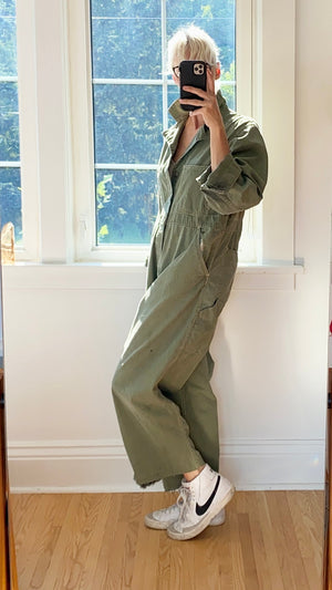 Vintage Stripe Herringbone Green Mechanic Boiler Carpenter Jumpsuit Coveralls USA