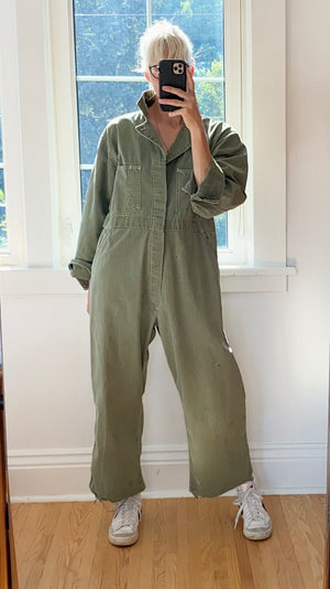 Vintage Stripe Herringbone Green Mechanic Boiler Carpenter Jumpsuit Coveralls USA