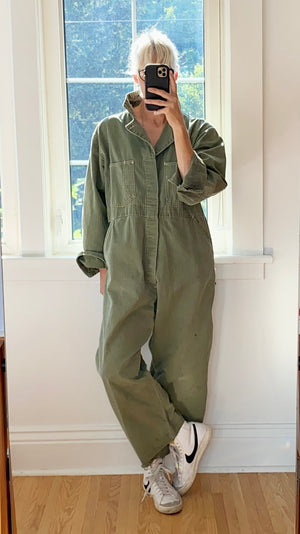Vintage Stripe Herringbone Green Mechanic Boiler Carpenter Jumpsuit Coveralls USA