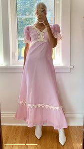 Vintage 1970s Pink Voile Swiss Dot and Lace Victorian Inspired Dress XS or S