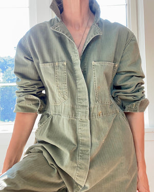 Vintage Stripe Herringbone Green Mechanic Boiler Carpenter Jumpsuit Coveralls USA