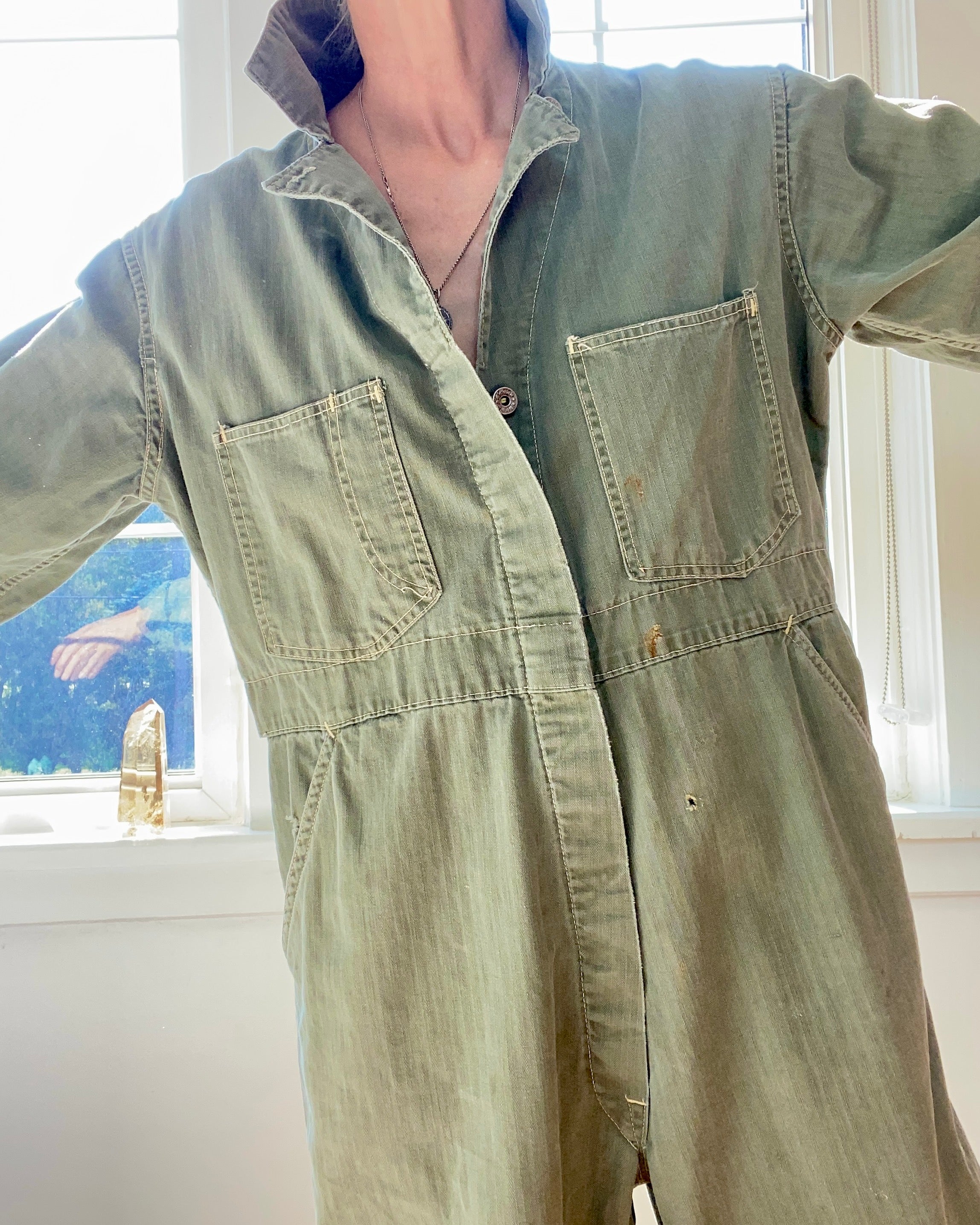Vintage Stripe Herringbone Green Mechanic Boiler Carpenter Jumpsuit Coveralls USA