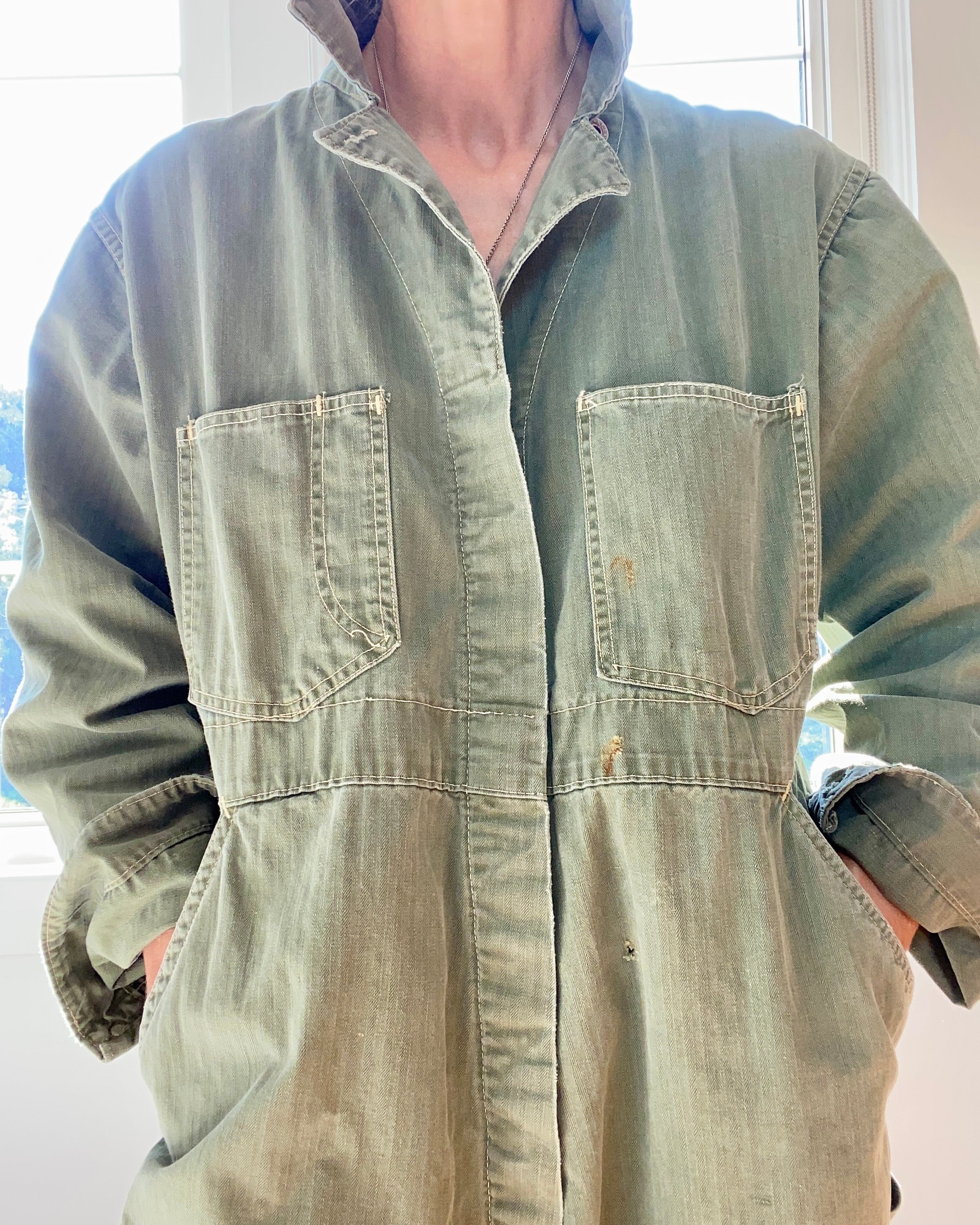Vintage Stripe Herringbone Green Mechanic Boiler Carpenter Jumpsuit Coveralls USA