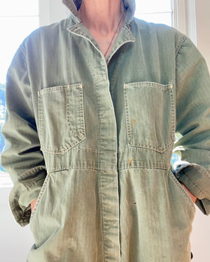 Vintage Stripe Herringbone Green Mechanic Boiler Carpenter Jumpsuit Coveralls USA