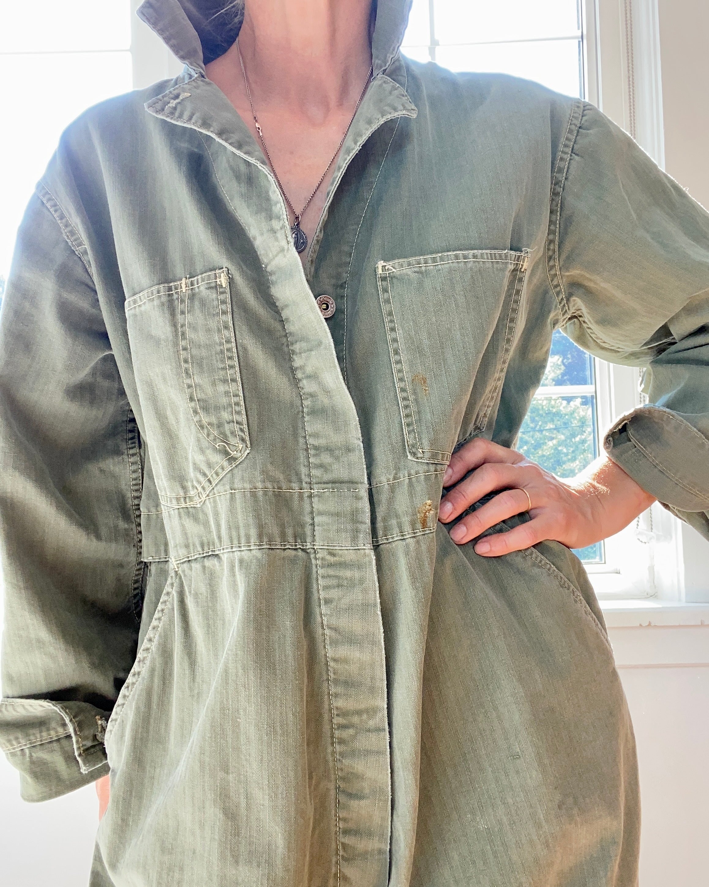 Vintage Stripe Herringbone Green Mechanic Boiler Carpenter Jumpsuit Coveralls USA