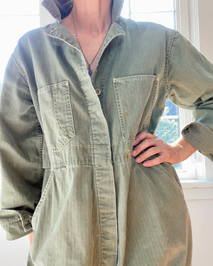 Vintage Stripe Herringbone Green Mechanic Boiler Carpenter Jumpsuit Coveralls USA
