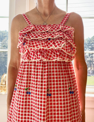 VINTAGE 1970s Red Gingham with Blueberries Cotton Ruffle Maxi Dress XS S