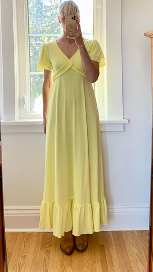Vintage 1970s Yellow Jersey Ruffle Sleeve Dress
