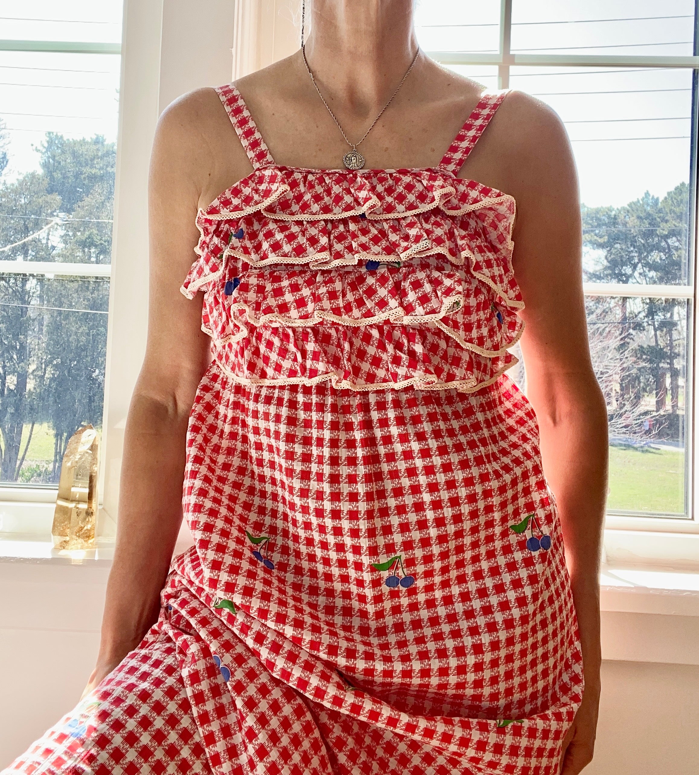 VINTAGE 1970s Red Gingham with Blueberries Cotton Ruffle Maxi Dress XS S