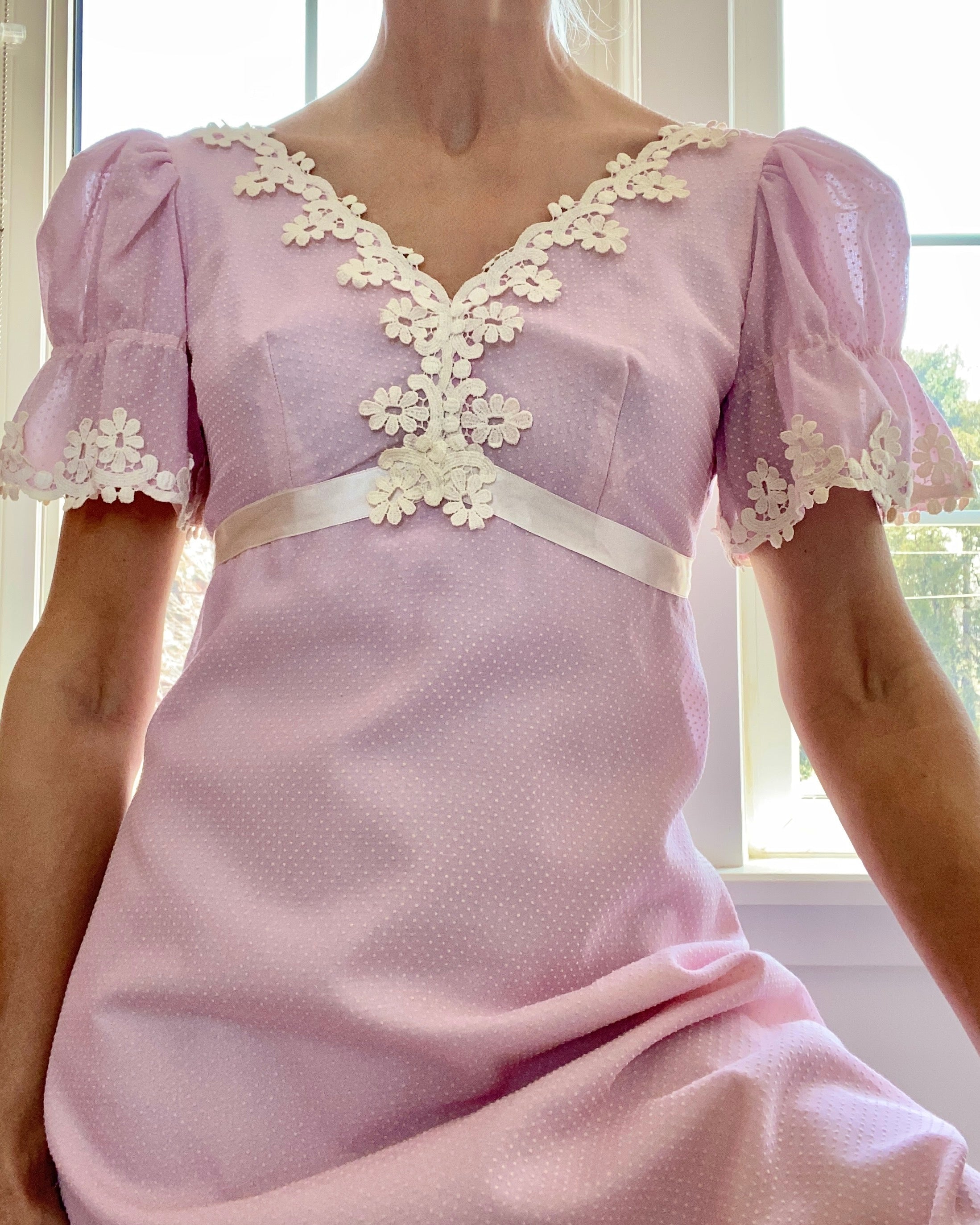 Vintage 1970s Pink Voile Swiss Dot and Lace Victorian Inspired Dress XS or S