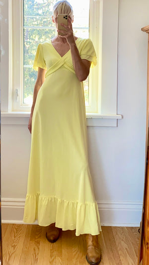 Vintage 1970s Yellow Jersey Ruffle Sleeve Dress