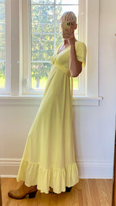 Vintage 1970s Yellow Jersey Ruffle Sleeve Dress