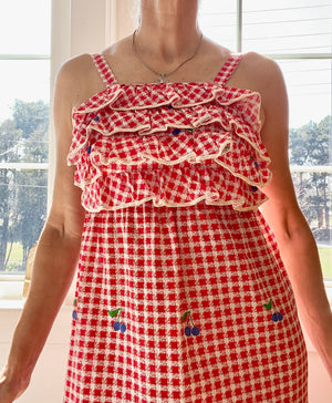 VINTAGE 1970s Red Gingham with Blueberries Cotton Ruffle Maxi Dress XS S