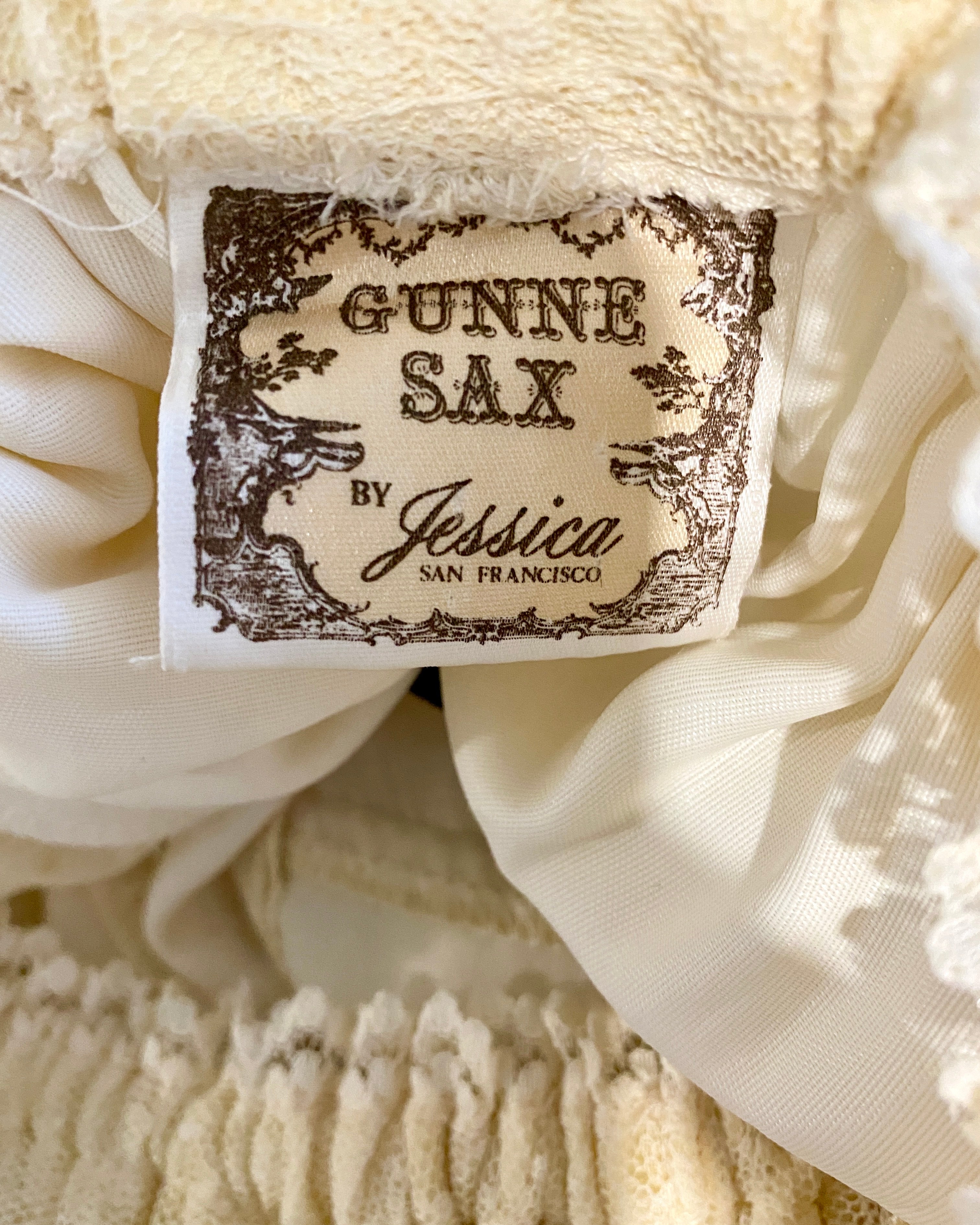 Vintage 1970s Gunne Sax by Jessica San Francisco Prairie Floral Cream Voile and Lace Maxi Dress