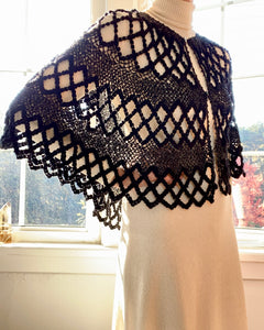 VINTAGE Black and Silver Lurex Mesh Crochet Poncho Shawl
