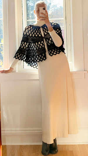 VINTAGE Black and Silver Lurex Mesh Crochet Poncho Shawl