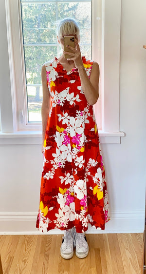 VINTAGE 1960s Hukilau Fashion Hawaiian Floral Red Print Surfer Maxi Dress