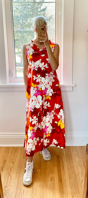 VINTAGE 1960s Hukilau Fashion Hawaiian Floral Red Print Surfer Maxi Dress