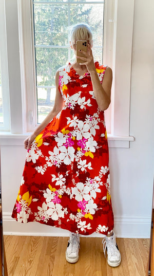 VINTAGE 1960s Hukilau Fashion Hawaiian Floral Red Print Surfer Maxi Dress