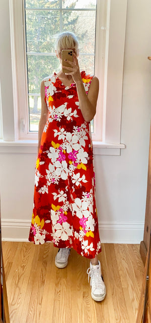 VINTAGE 1960s Hukilau Fashion Hawaiian Floral Red Print Surfer Maxi Dress
