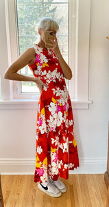 VINTAGE 1960s Hukilau Fashion Hawaiian Floral Red Print Surfer Maxi Dress