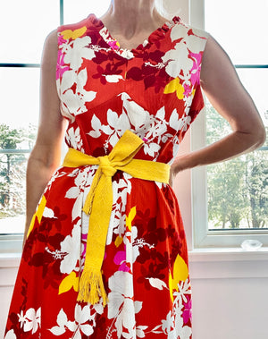 VINTAGE 1960s Hukilau Fashion Hawaiian Floral Red Print Surfer Maxi Dress