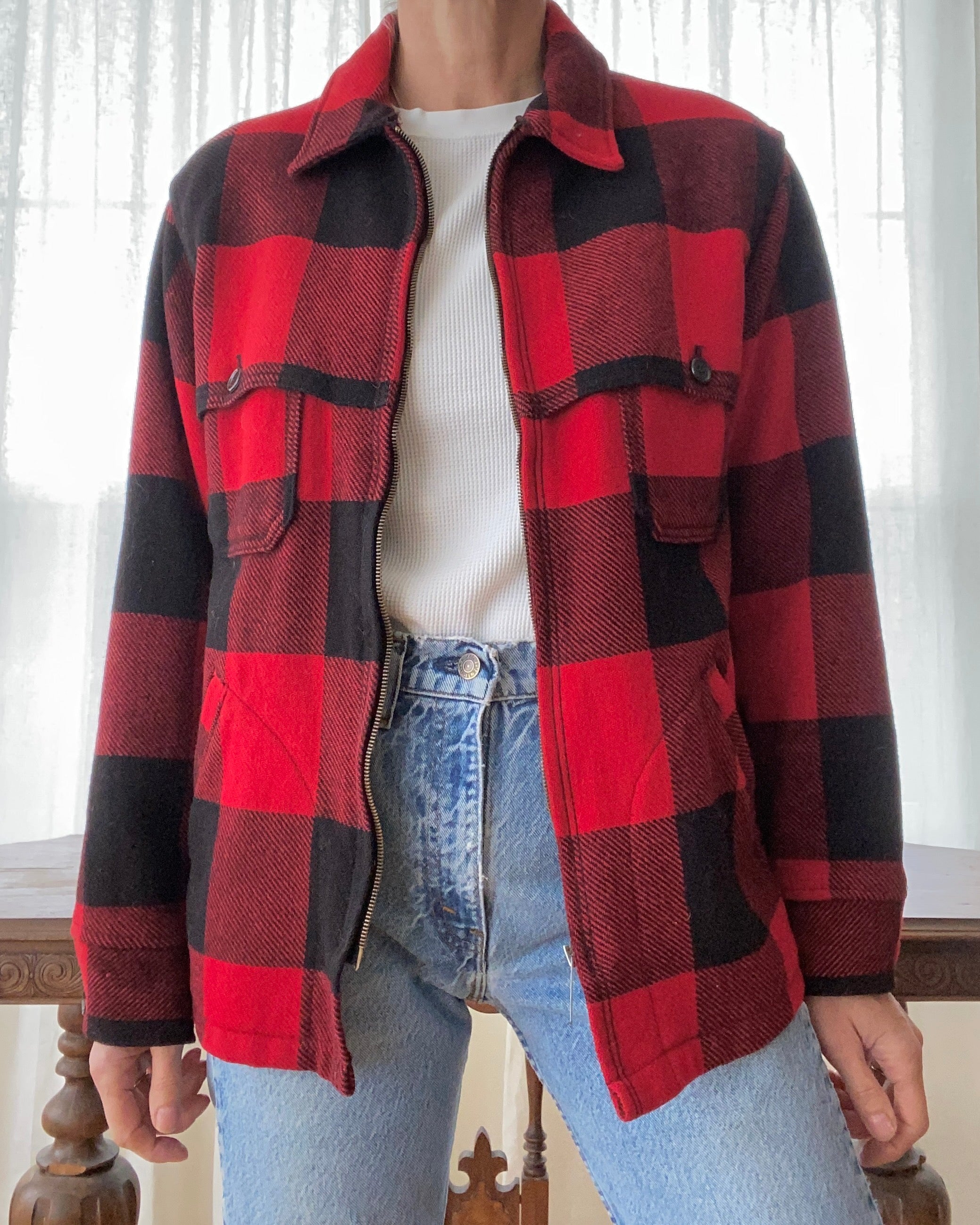 Vintage 1970s Woolrich Wool Buffalo Plaid Hunting Shacket Outdoorsman USA L