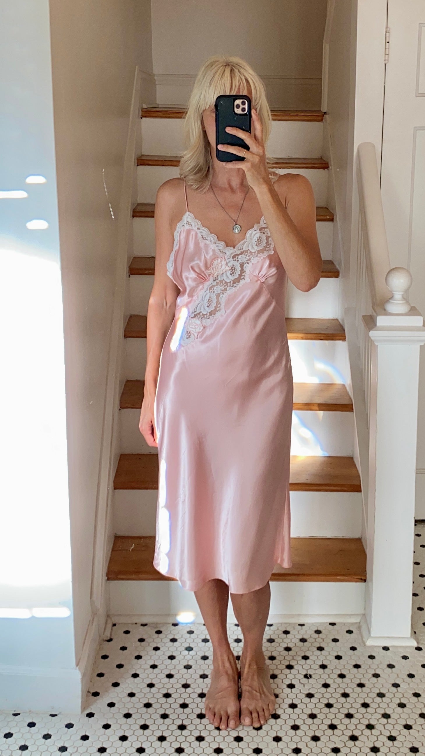 VINTAGE Pink Satin and Lace Slip Dress