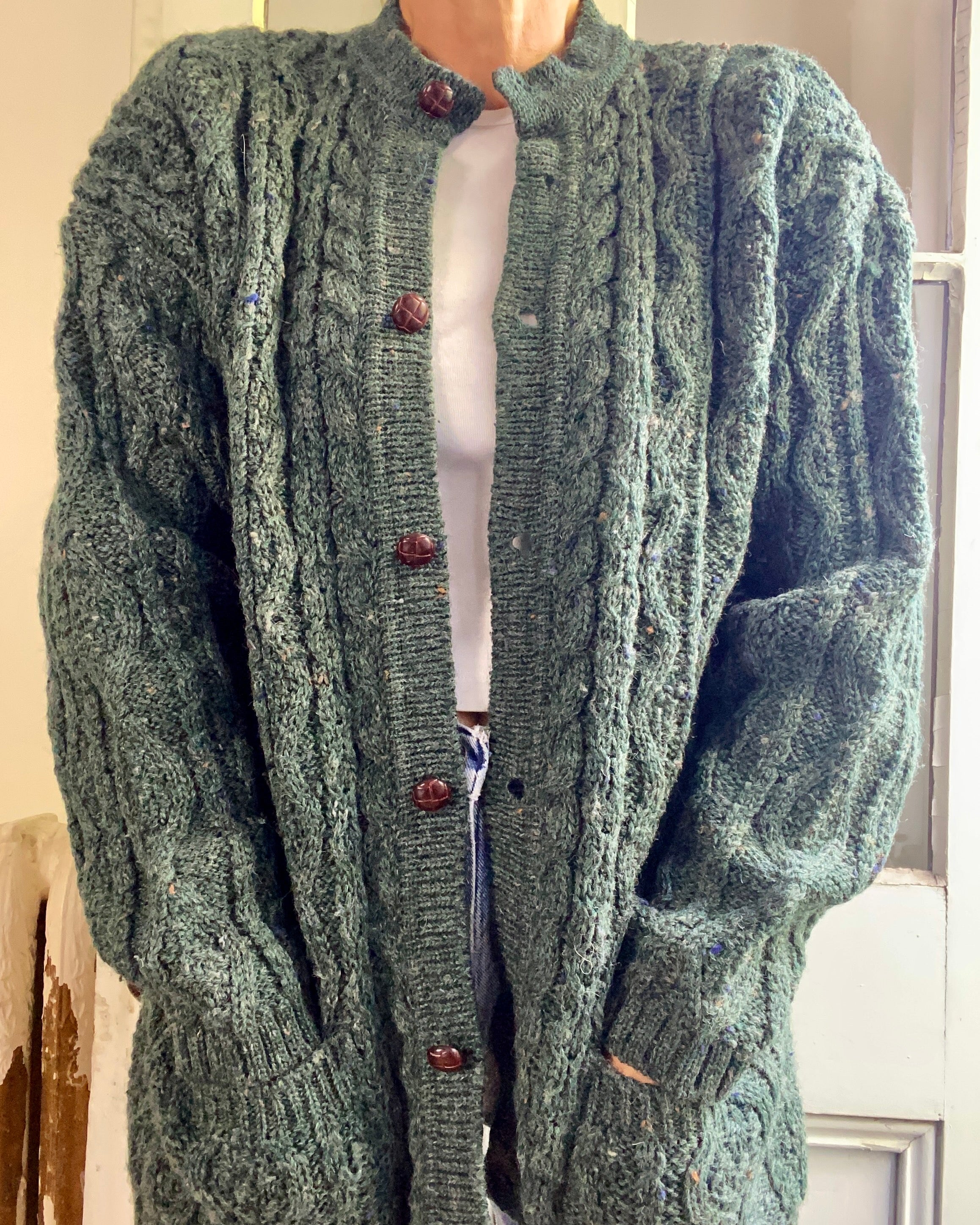 VINTAGE Green Fisherman Cable Wool Cardigan L
