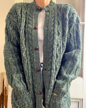 VINTAGE Green Fisherman Cable Wool Cardigan L