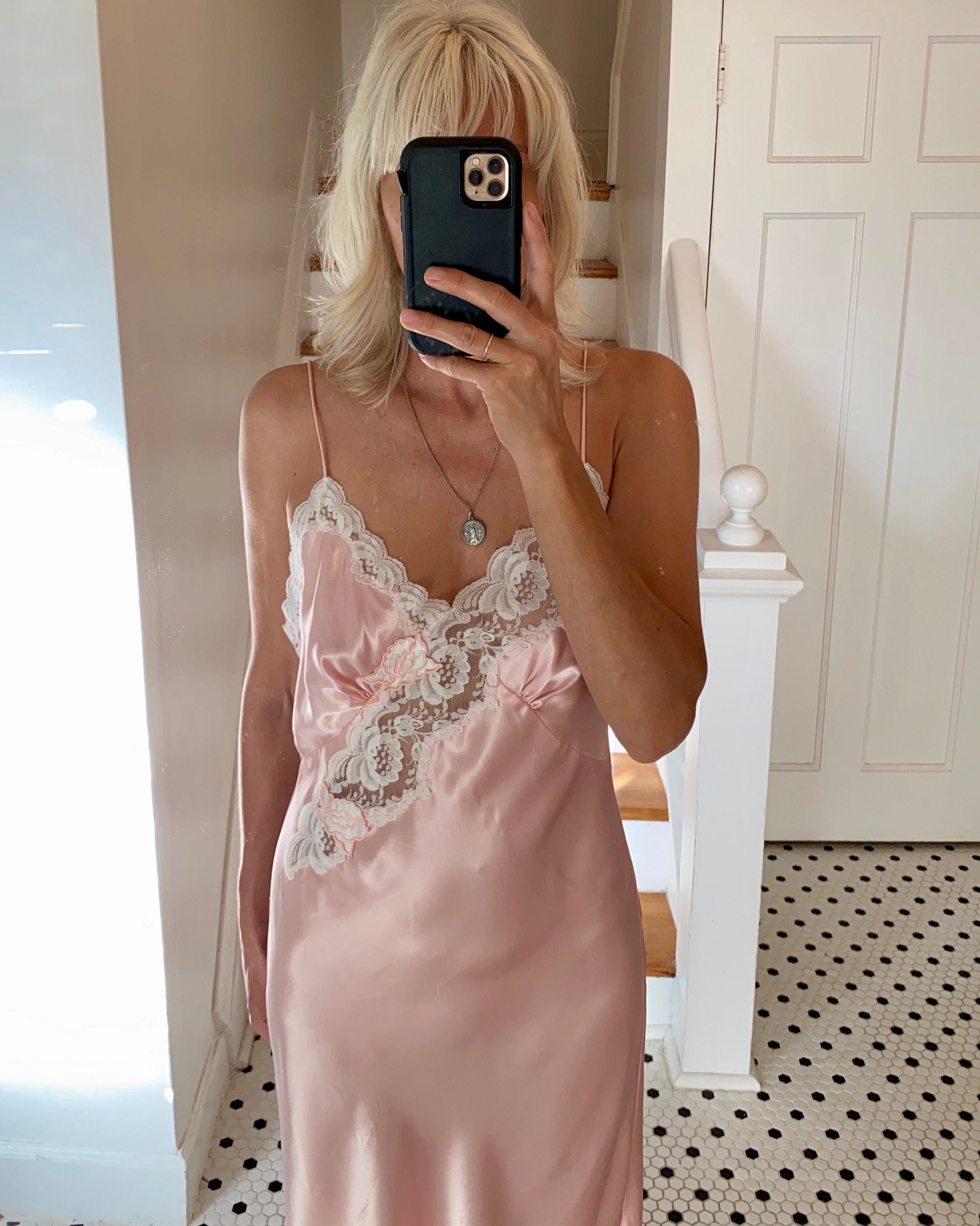 VINTAGE Pink Satin and Lace Slip Dress