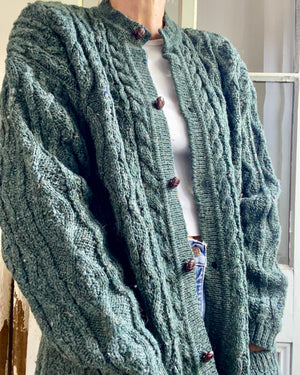 VINTAGE Green Fisherman Cable Wool Cardigan L
