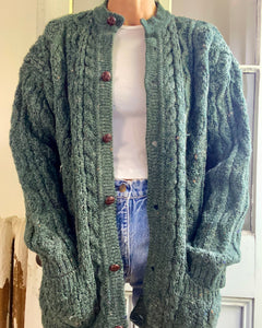 VINTAGE Green Fisherman Cable Wool Cardigan L