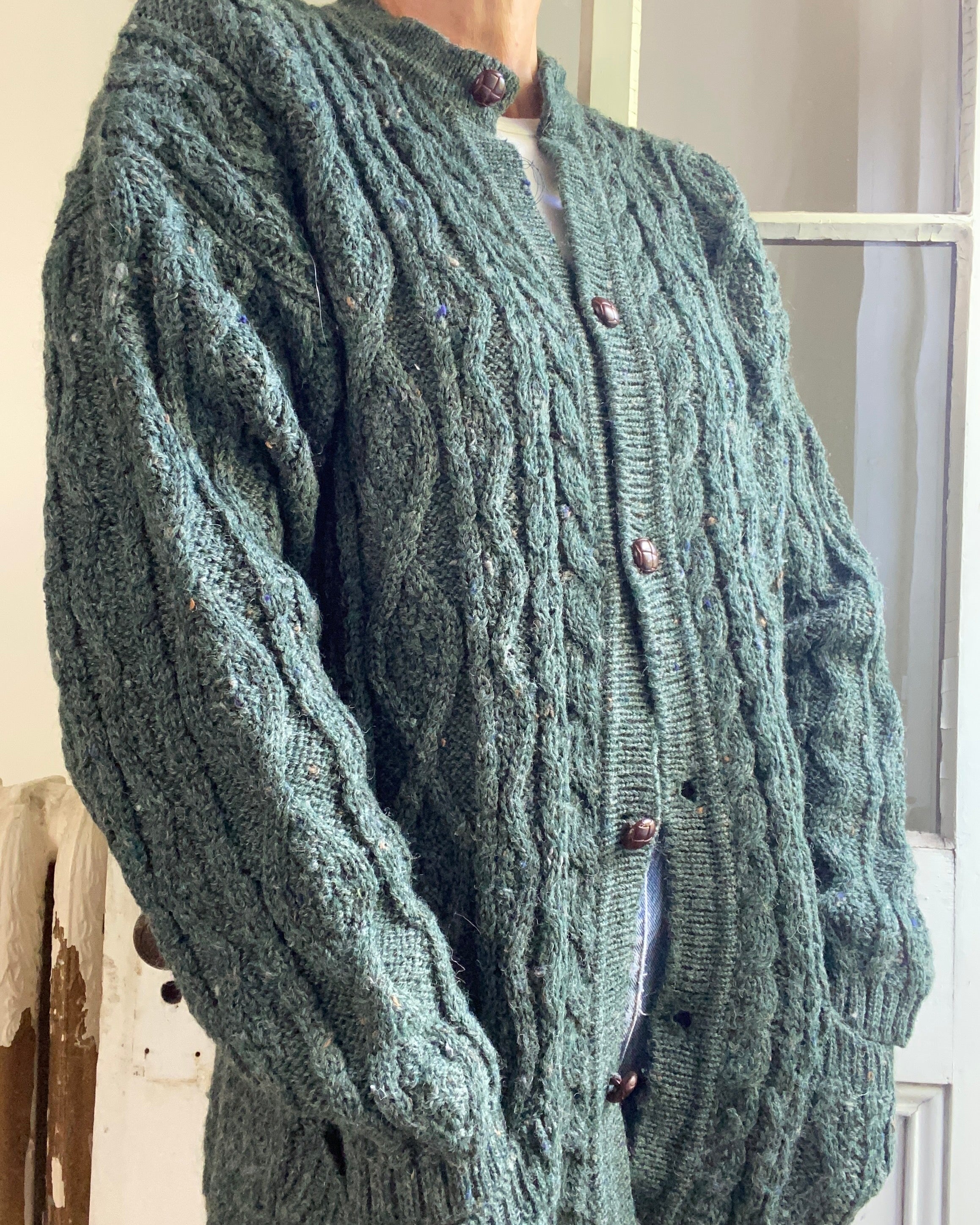 VINTAGE Green Fisherman Cable Wool Cardigan L