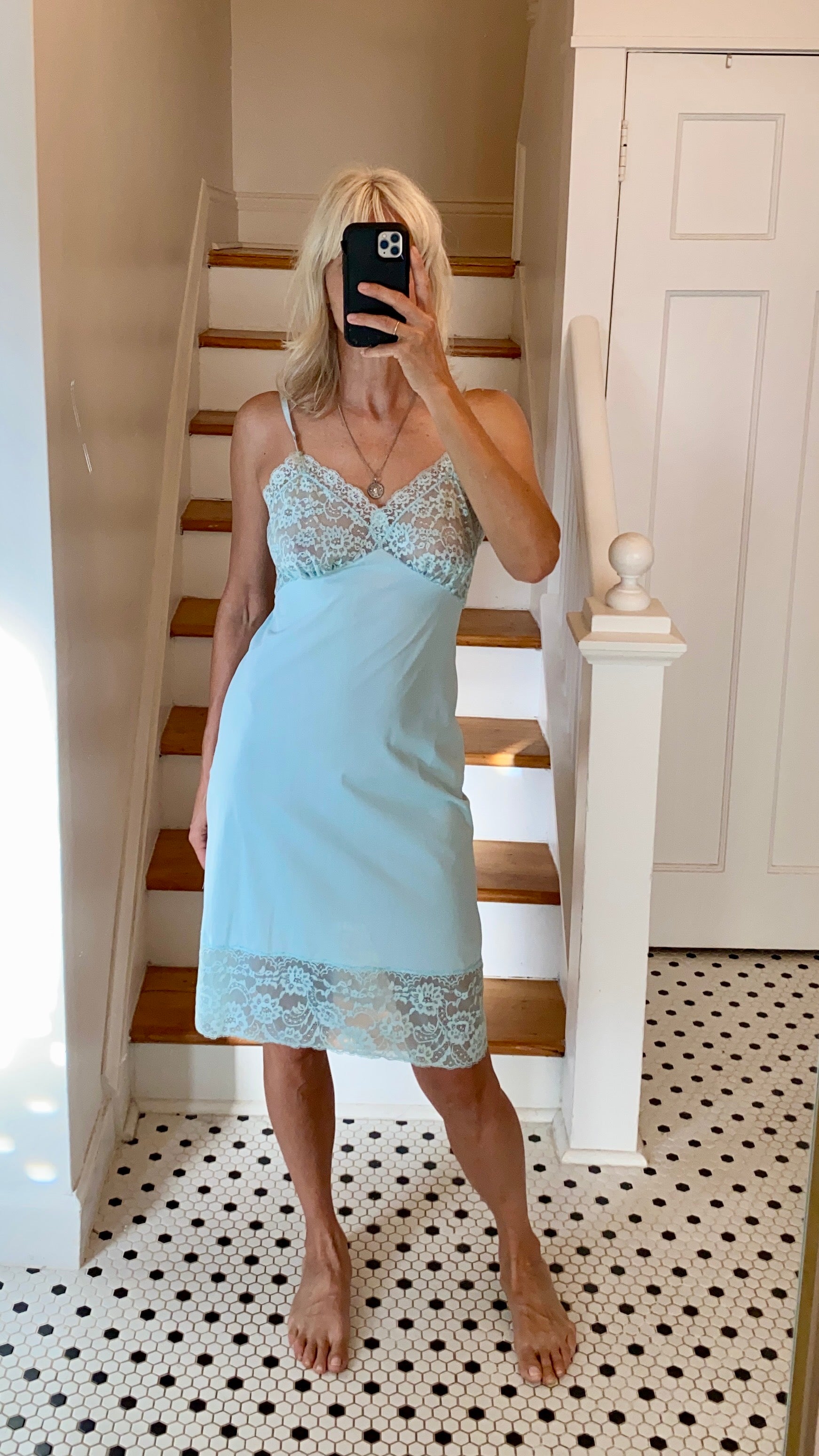 VINTAGE Aqua Lace Slip Dress