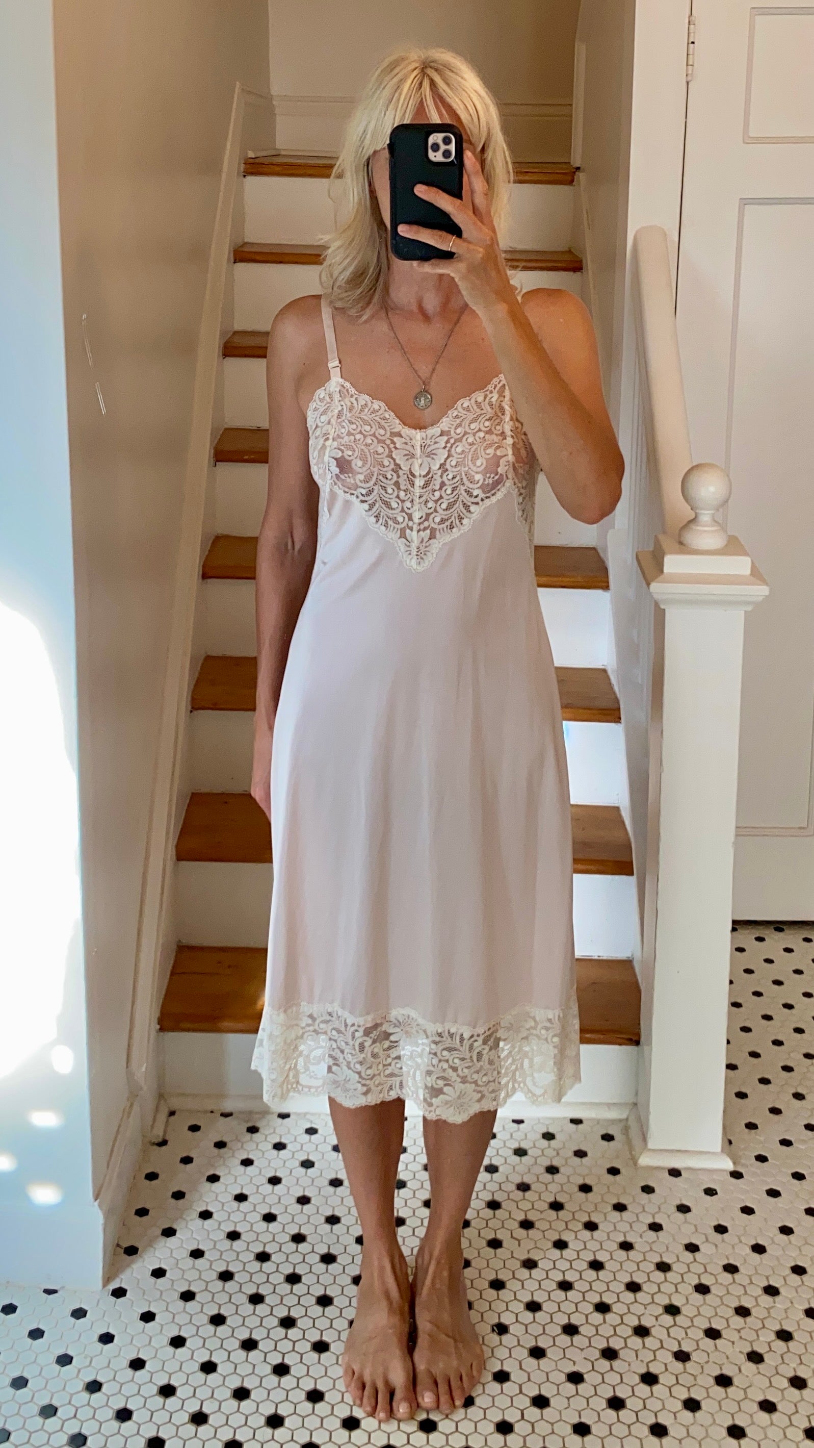 VINTAGE Pink and Cream Lace Slip Dress
