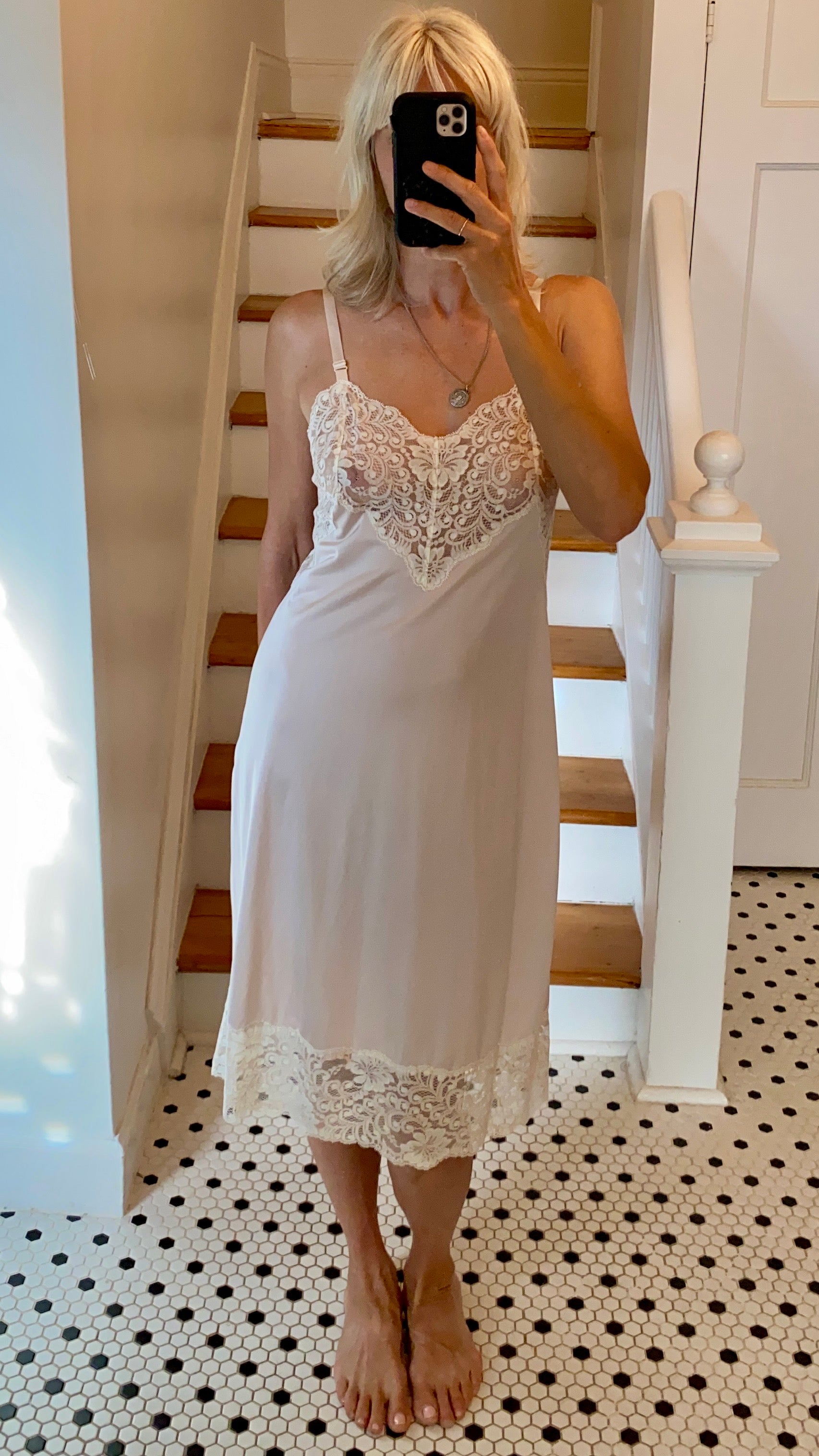 VINTAGE Pink and Cream Lace Slip Dress