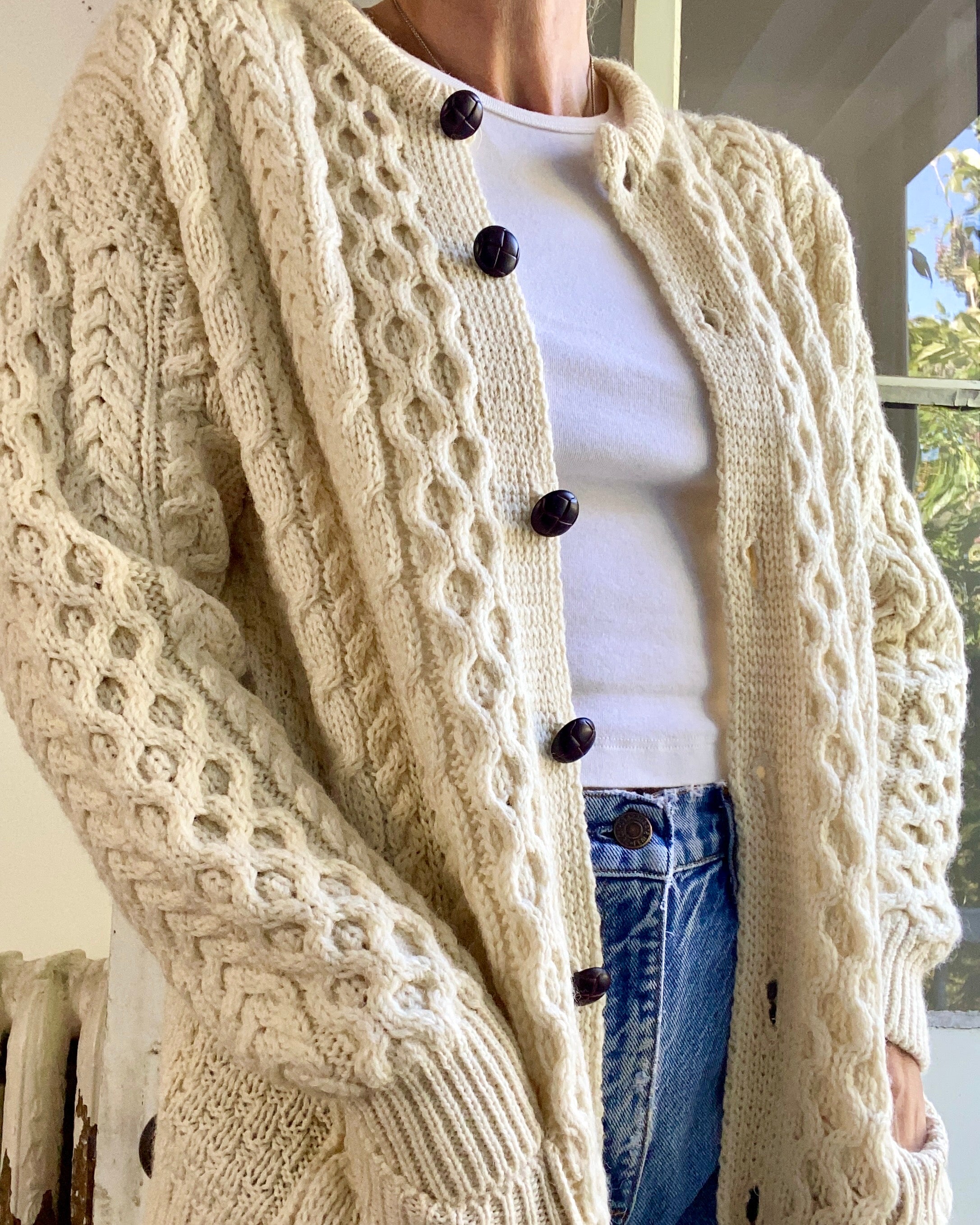 VINTAGE Fisherman Cable Wool Cream Cardigan