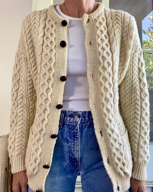VINTAGE Fisherman Cable Wool Cream Cardigan