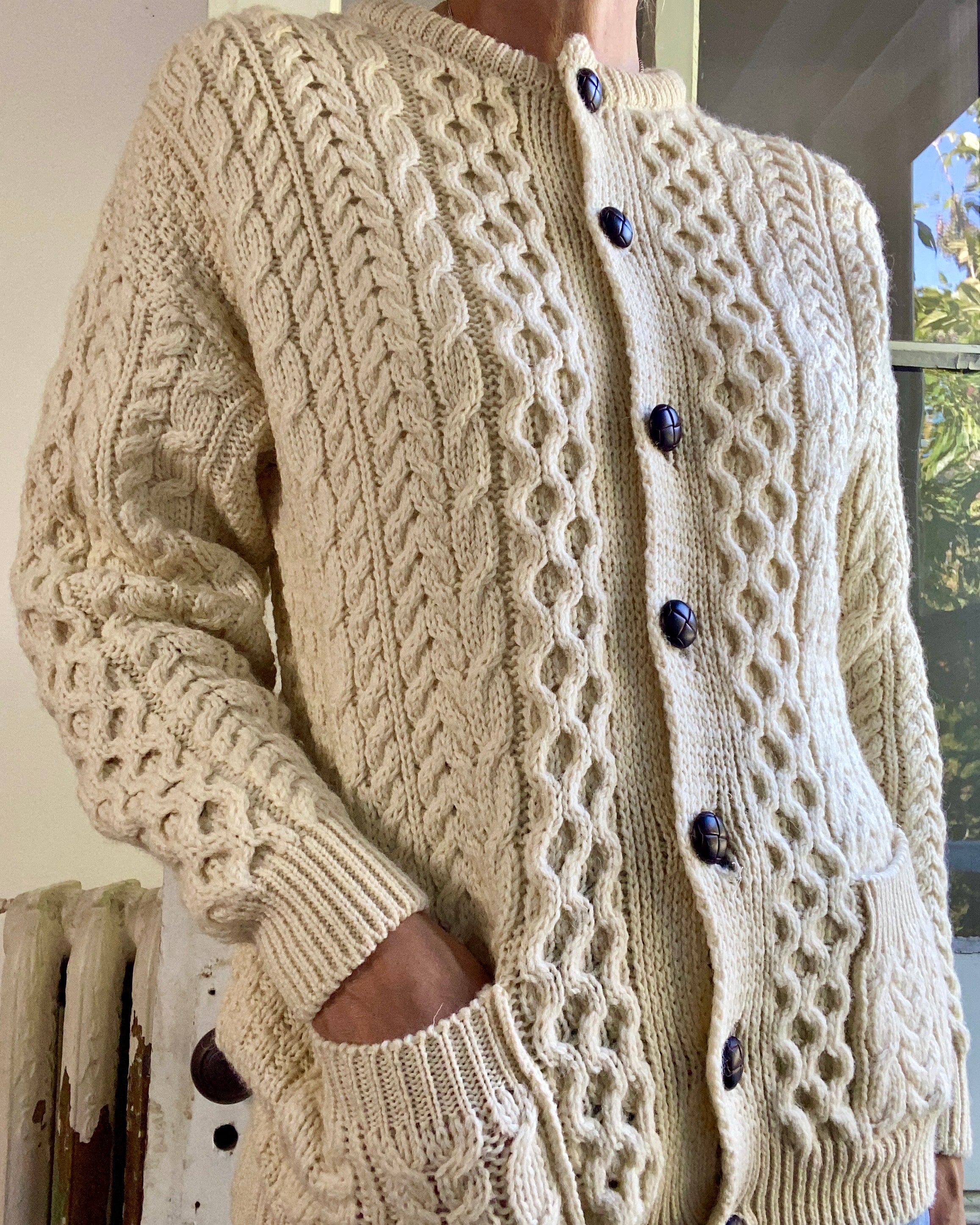VINTAGE Fisherman Cable Wool Cream Cardigan