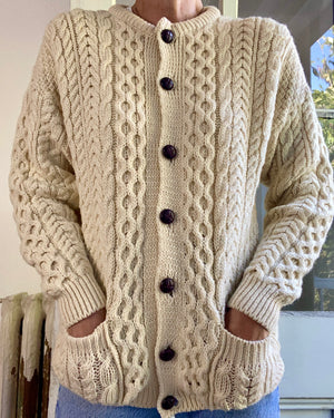 VINTAGE Fisherman Cable Wool Cream Cardigan