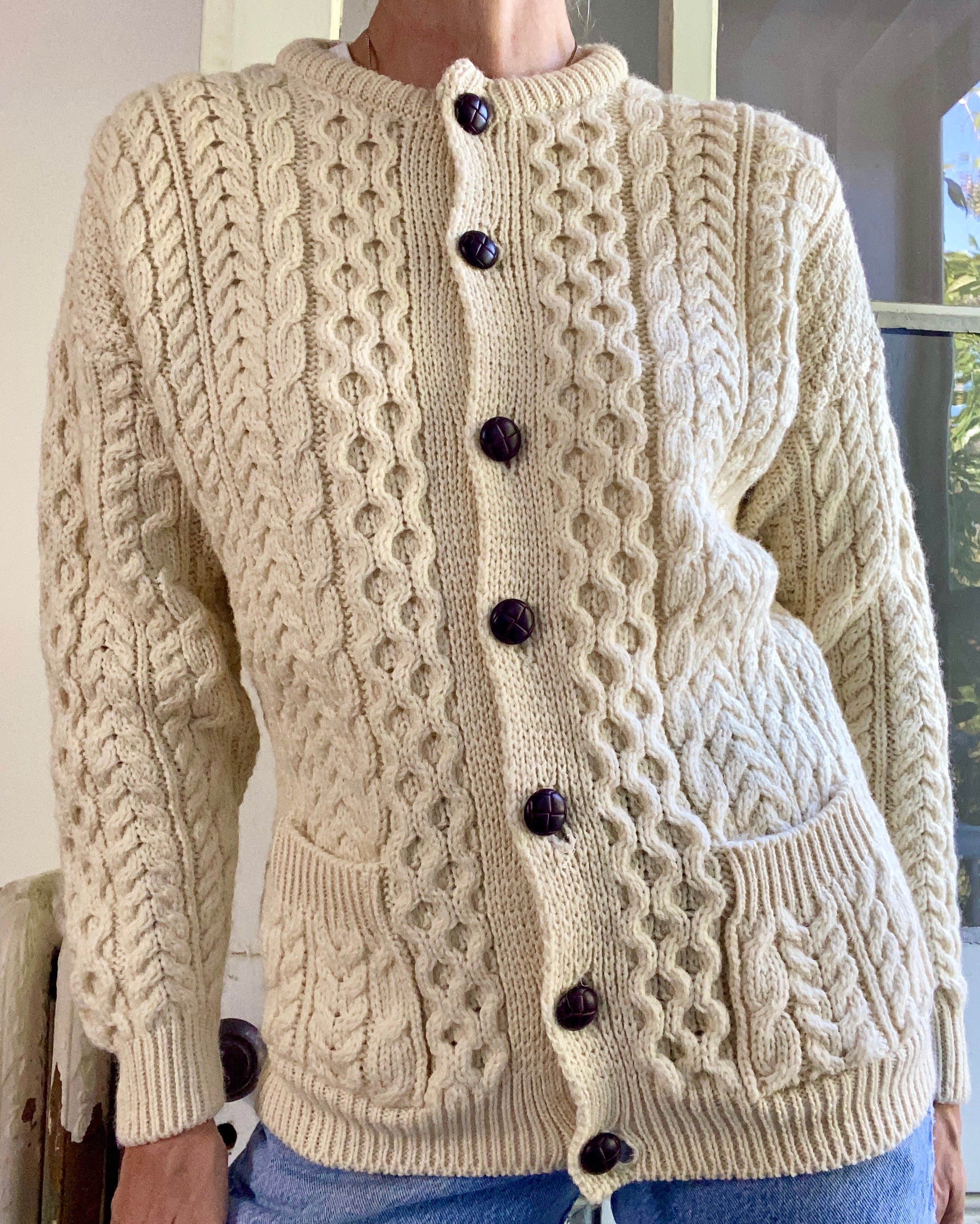 VINTAGE Fisherman Cable Wool Cream Cardigan