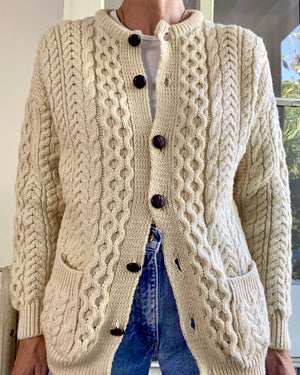 VINTAGE Fisherman Cable Wool Cream Cardigan