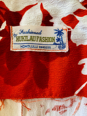 VINTAGE 1960s Hukilau Fashion Hawaiian Floral Red Print Surfer Maxi Dress