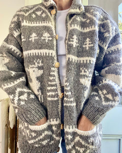 VINTAGE Handknit Chunky Wool Fair Isle Oatmeal Cardigan Jacket