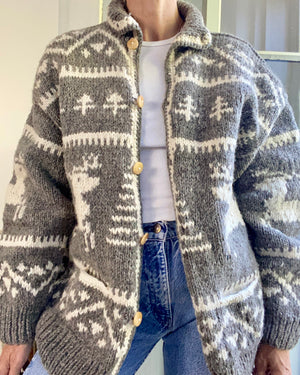 VINTAGE Handknit Chunky Wool Fair Isle Oatmeal Cardigan Jacket
