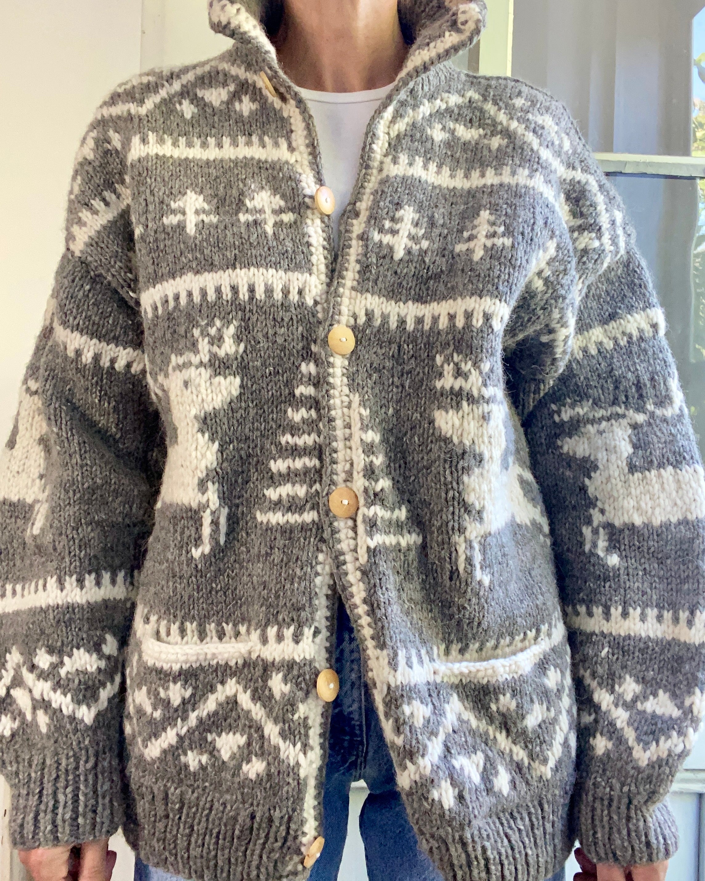 VINTAGE Handknit Chunky Wool Fair Isle Oatmeal Cardigan Jacket