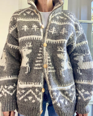 VINTAGE Handknit Chunky Wool Fair Isle Oatmeal Cardigan Jacket