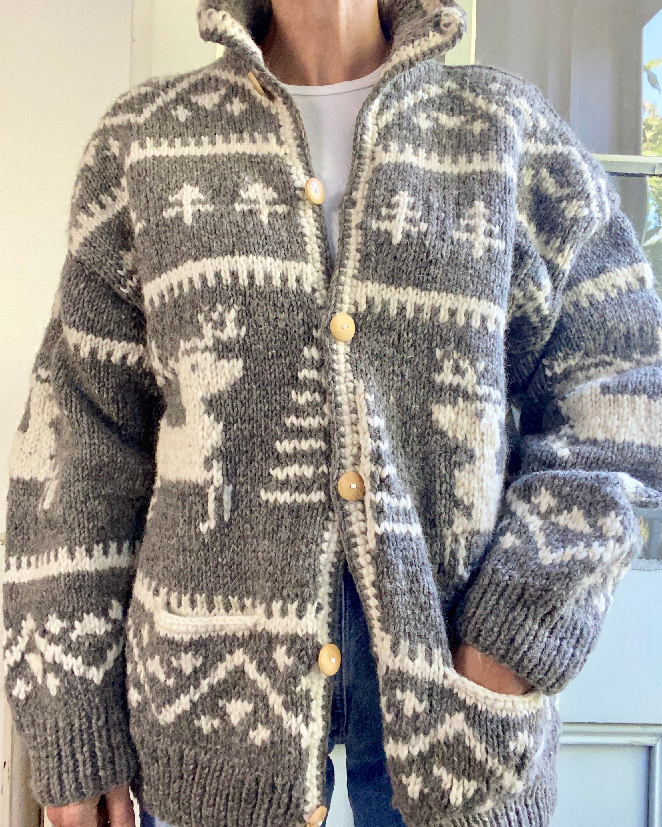VINTAGE Handknit Chunky Wool Fair Isle Oatmeal Cardigan Jacket