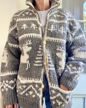 VINTAGE Handknit Chunky Wool Fair Isle Oatmeal Cardigan Jacket